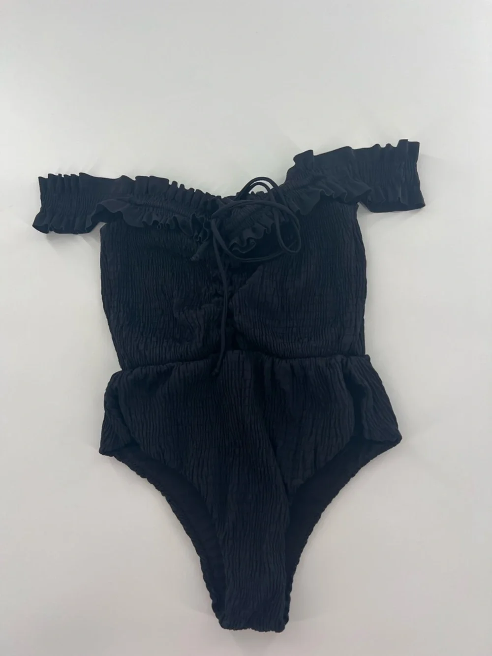 Devon Windsor Valentina‎ Smocked Off-Shoulder Black One-Piece Swimsuit resort